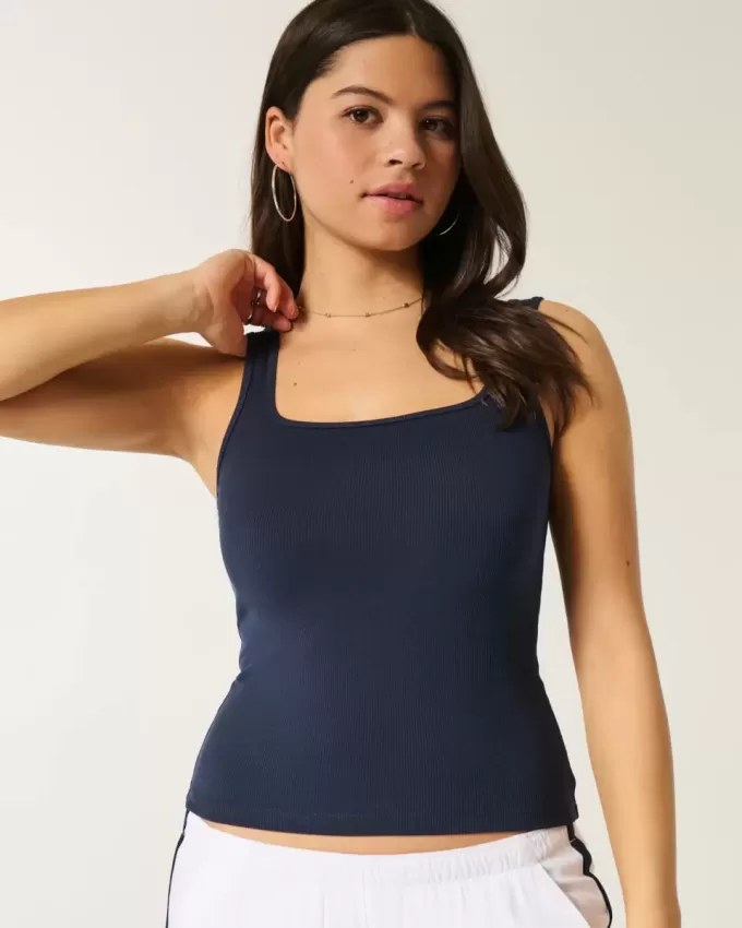 Camiseta de tirantes de cuello cuadrado y tejido acanalado sin costuras