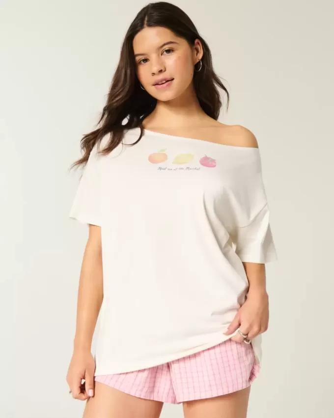 Camiseta gráfica de mercado agrícola de gran tamaño con hombros descubiertos
