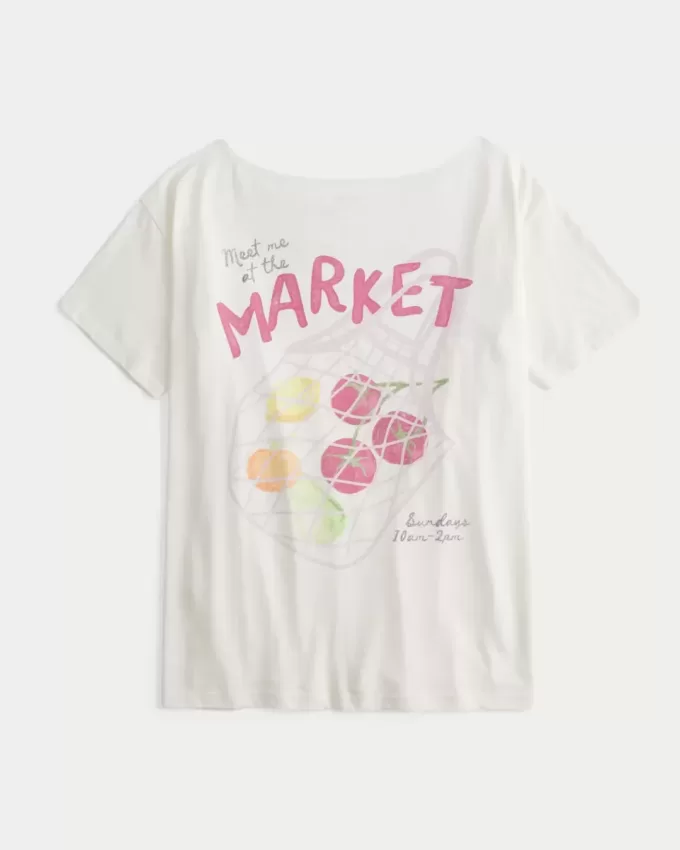Camiseta gráfica de mercado agrícola de gran tamaño con hombros descubiertos