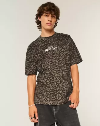 Camiseta gráfica Dodge Hellcat con estampado de leopardo, de peso pesado y estilo cuadrado