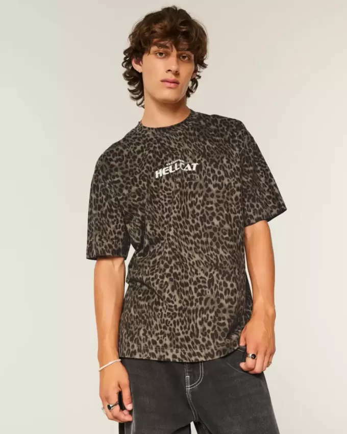 Camiseta gráfica Dodge Hellcat con estampado de leopardo, de peso pesado y estilo cuadrado Camiseta gráfica Dodge Hellcat con estampado de leopardo, de peso pesado y estilo cuadrado