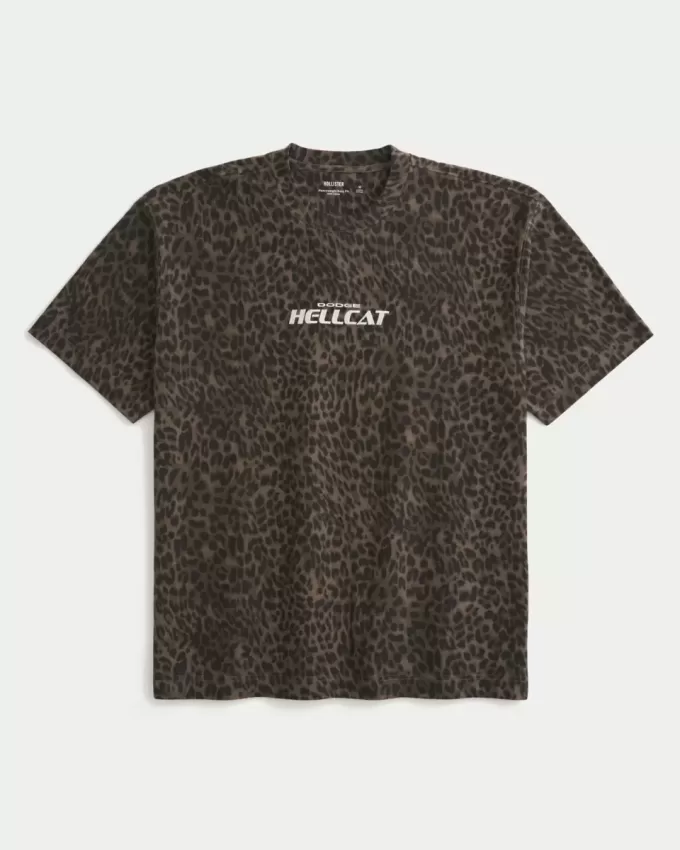 Camiseta gráfica Dodge Hellcat con estampado de leopardo, de peso pesado y estilo cuadrado Camiseta gráfica Dodge Hellcat con estampado de leopardo, de peso pesado y estilo cuadrado