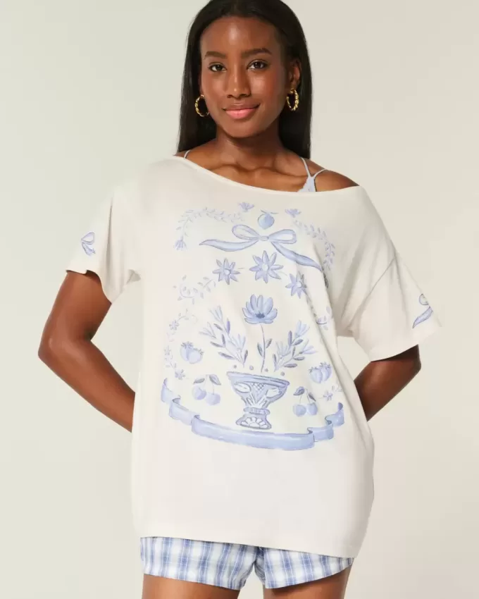 Camiseta gráfica extragrande con hombros descubiertos Camiseta gráfica extragrande con hombros descubiertos