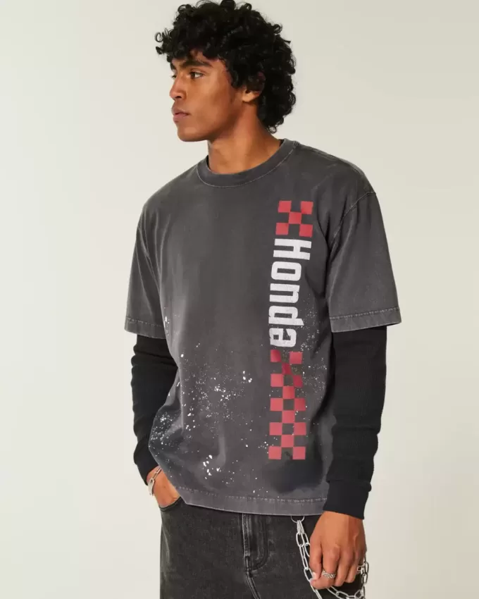 Camiseta gráfica Honda de peso pesado y cuadrada Camiseta gráfica Honda de peso pesado y cuadrada