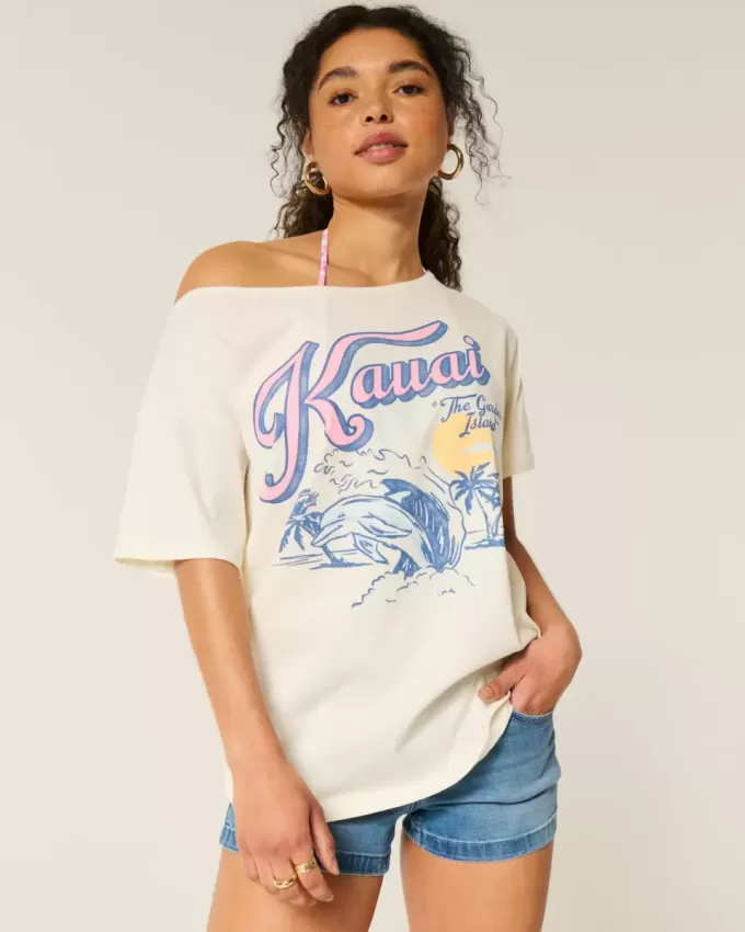 Camiseta gráfica Kauai de gran tamaño con hombros descubiertos