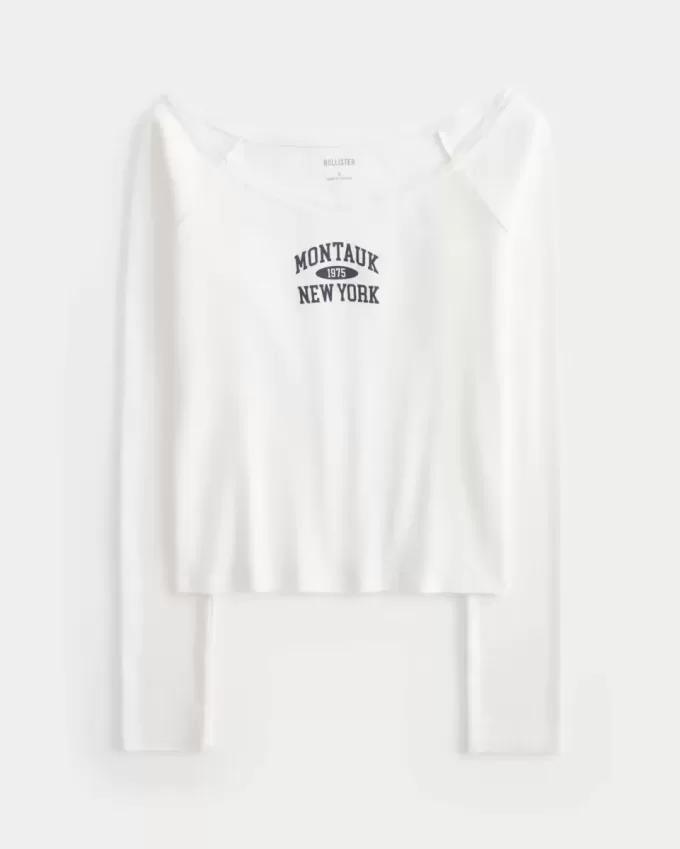 Camiseta gráfica Montauk con hombros descubiertos y ribete de encaje