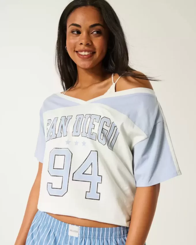 Camiseta gráfica universitaria extragrande con hombros descubiertos de San Diego