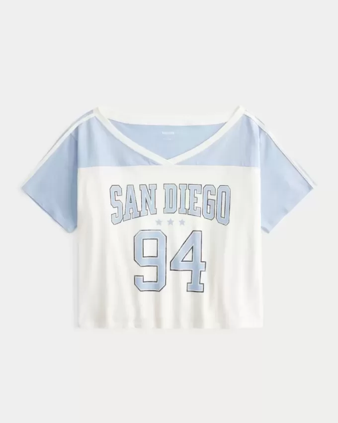 Camiseta gráfica universitaria extragrande con hombros descubiertos de San Diego