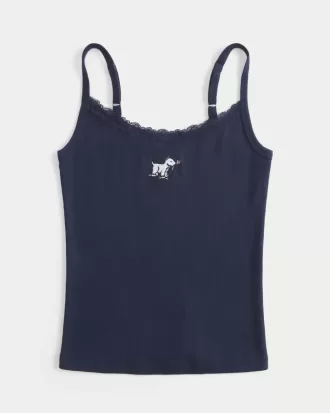 Camiseta sin mangas con estampado de perro y ribete de encaje