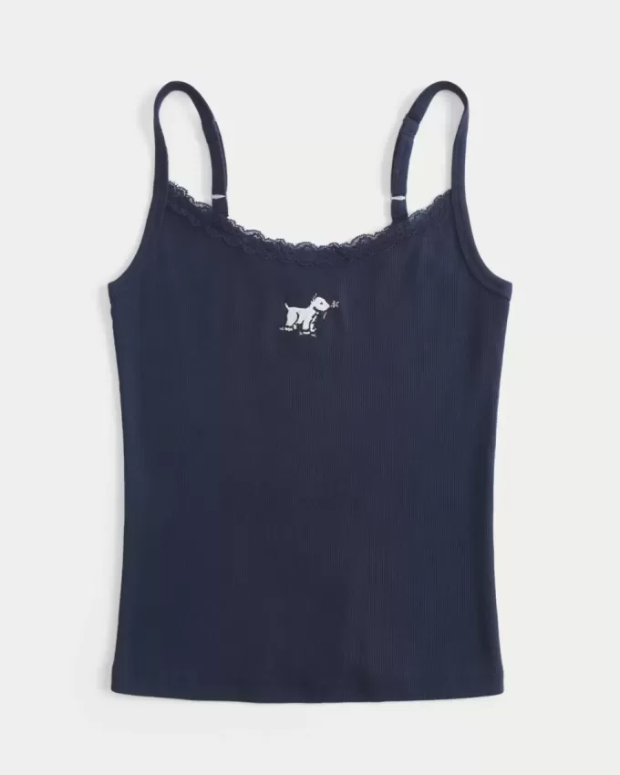 Camiseta sin mangas con estampado de perro y ribete de encaje Camiseta sin mangas con estampado de perro y ribete de encaje