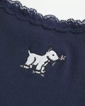 Camiseta sin mangas con estampado de perro y ribete de encaje