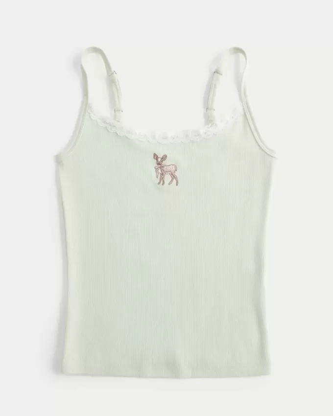 Camiseta sin mangas con gráfico de ciervo y ribete de encaje Camiseta sin mangas con gráfico de ciervo y ribete de encaje