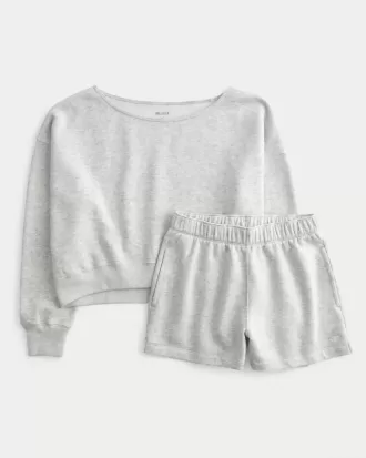 Conjunto de sudadera con hombros descubiertos y pantalones cortos de polar