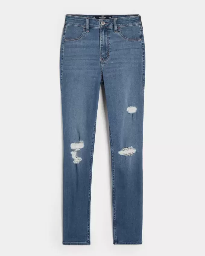 Leggings vaqueros de tiro alto con lavado medio y rotos Leggings vaqueros de tiro alto con lavado medio y rotos