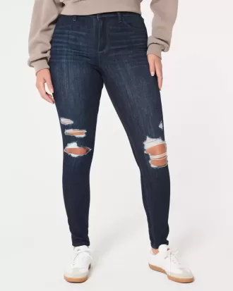 Leggings vaqueros de tiro alto con lavado oscuro y rotos con curvas