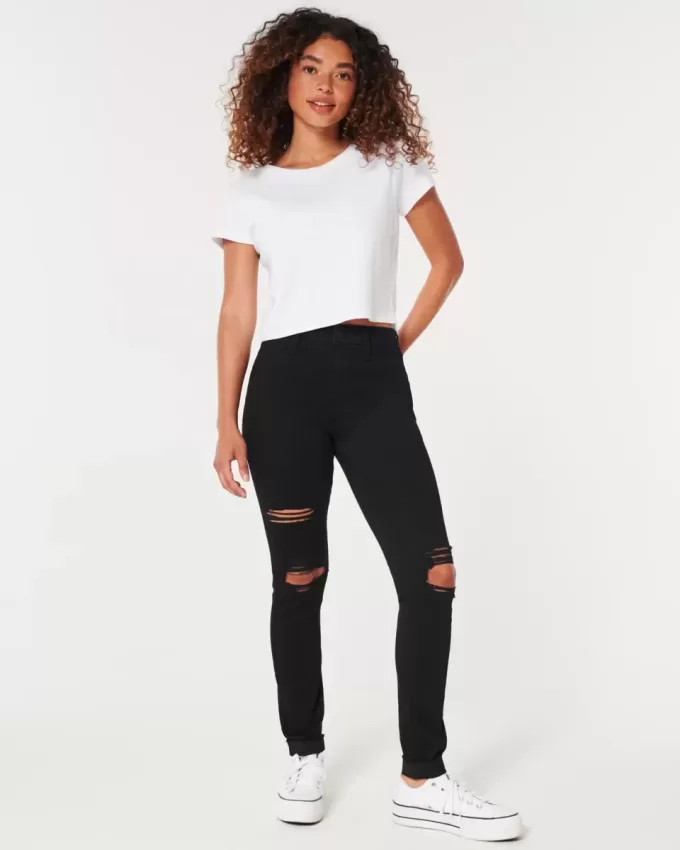 Leggings vaqueros negros rotos de tiro alto Leggings vaqueros negros rotos de tiro alto