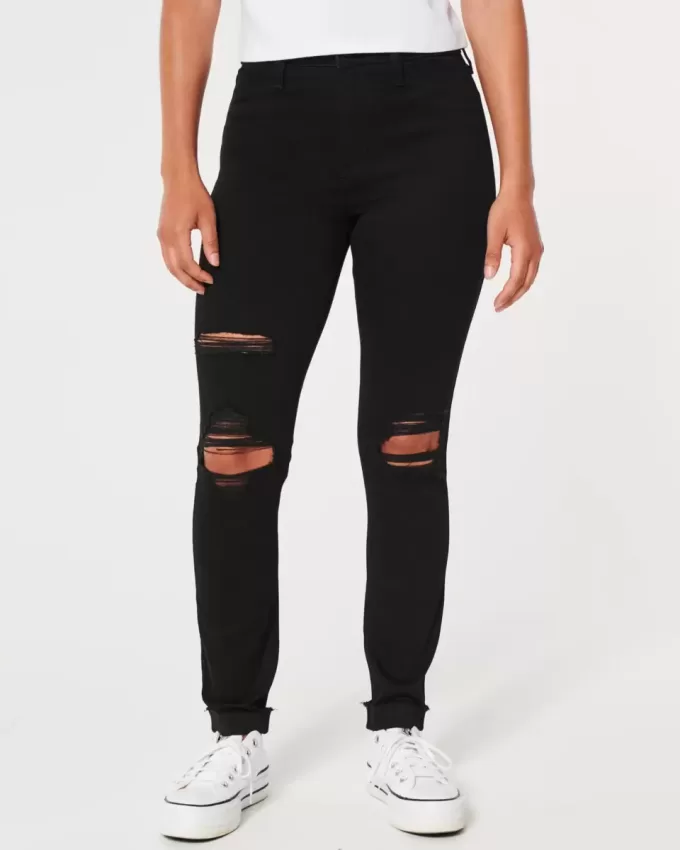 Leggings vaqueros negros rotos de tiro alto Leggings vaqueros negros rotos de tiro alto