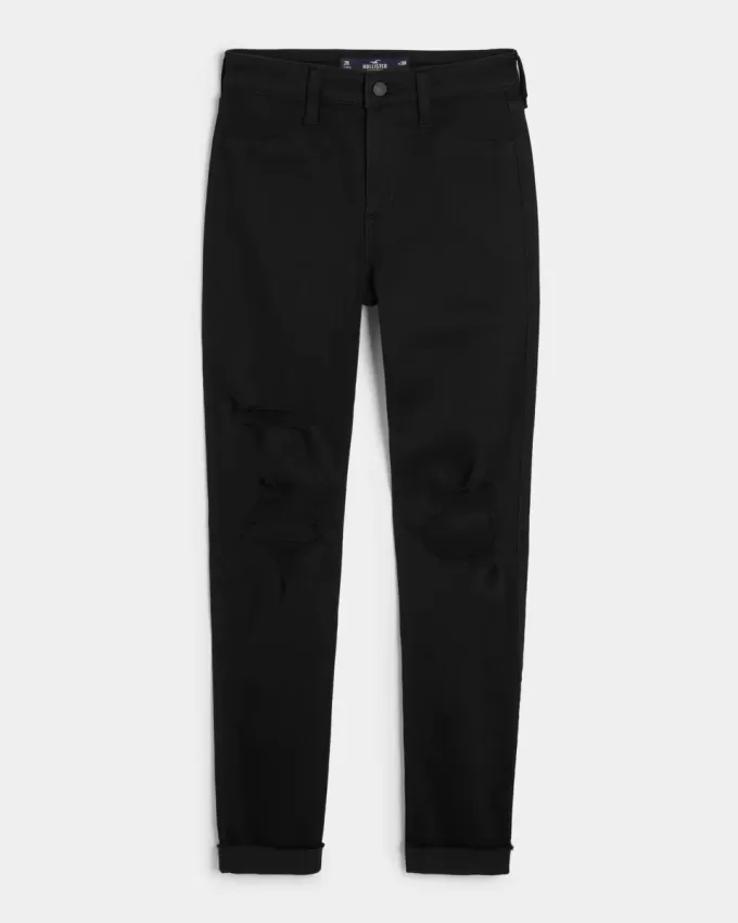 Leggings vaqueros negros rotos de tiro alto Leggings vaqueros negros rotos de tiro alto