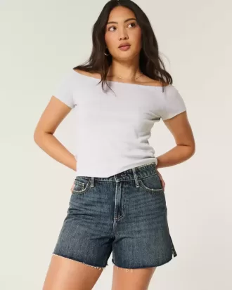 Shorts vaqueros holgados de tiro alto con lavado oscuro y curvas de 5″