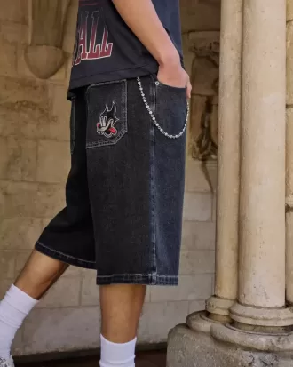 Shorts vaqueros super holgados con estampado de gato negro lavado