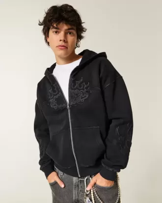 Sudadera con capucha cuadrada con cremallera y gráfico de llamas