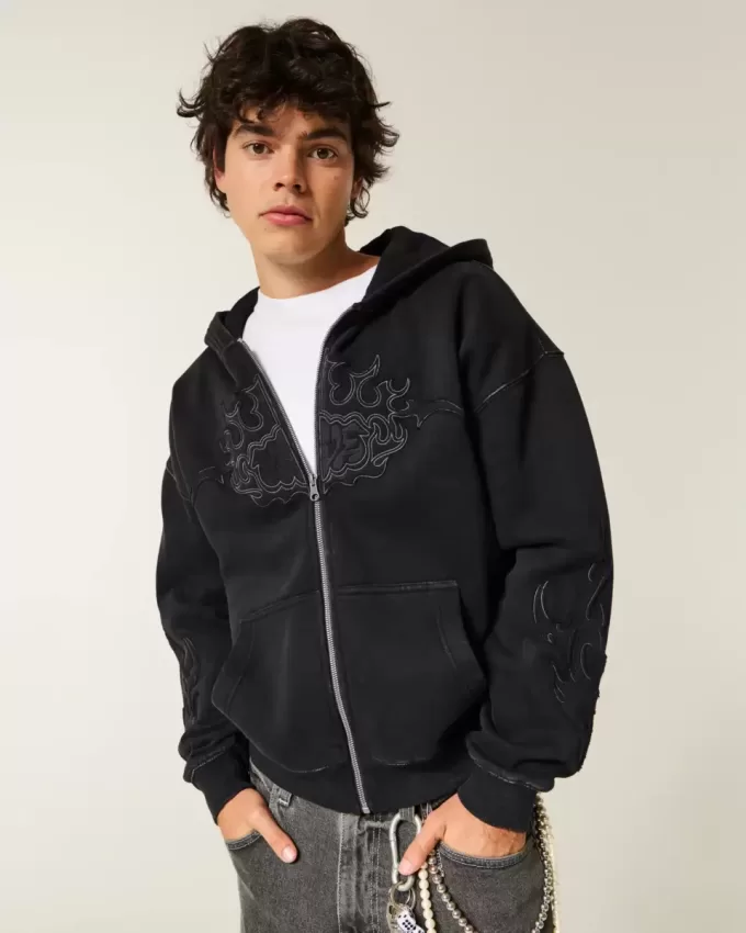 Sudadera con capucha cuadrada con cremallera y gráfico de llamas