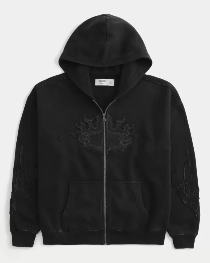 Sudadera con capucha cuadrada con cremallera y gráfico de llamas