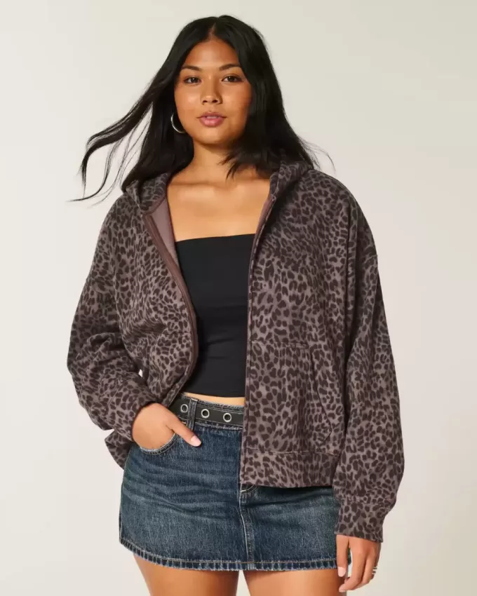 Sudadera con capucha y cremallera con estampado de leopardo de gran tamaño Sudadera con capucha y cremallera con estampado de leopardo de gran tamaño