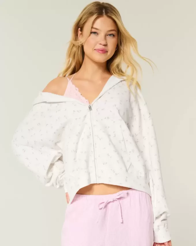 Sudadera con capucha y cremallera con estampado floral de gran tamaño Sudadera con capucha y cremallera con estampado floral de gran tamaño