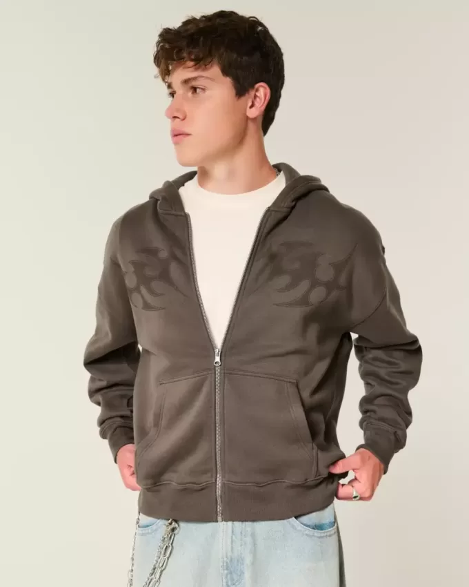 Sudadera con capucha y cremallera con gráfico de llamas cuadradas Sudadera con capucha y cremallera con gráfico de llamas cuadradas