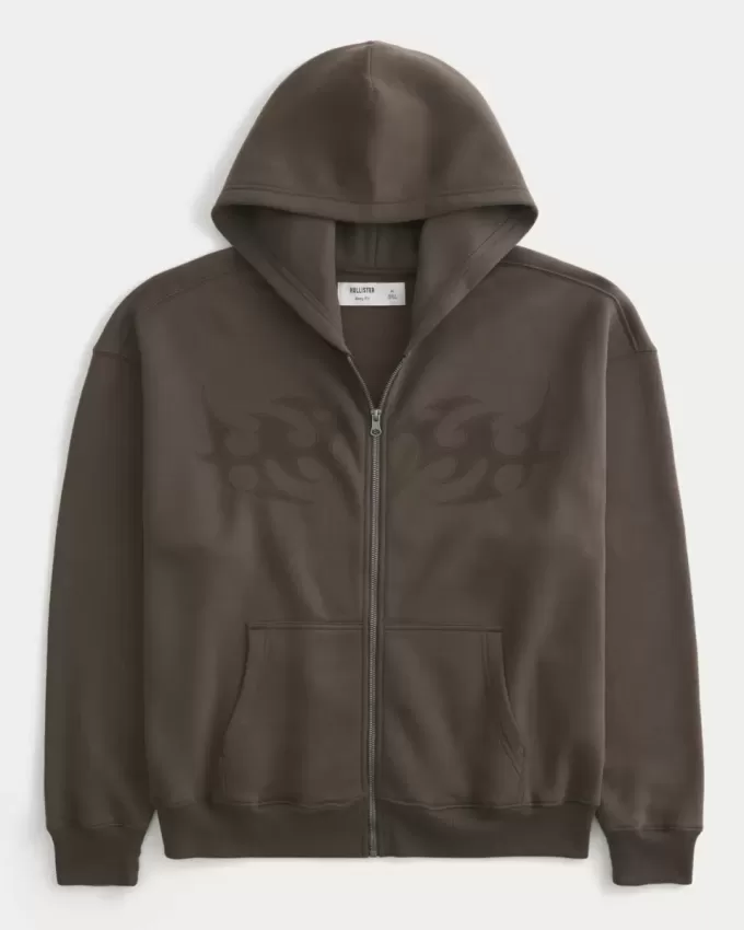 Sudadera con capucha y cremallera con gráfico de llamas cuadradas Sudadera con capucha y cremallera con gráfico de llamas cuadradas