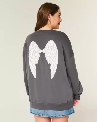 Sudadera con cuello redondo y gráfico de alas de ángel de gran tamaño