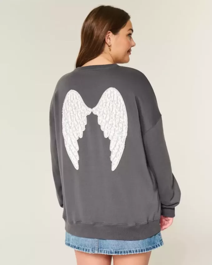 Sudadera con cuello redondo y gráfico de alas de ángel de gran tamaño Sudadera con cuello redondo y gráfico de alas de ángel de gran tamaño