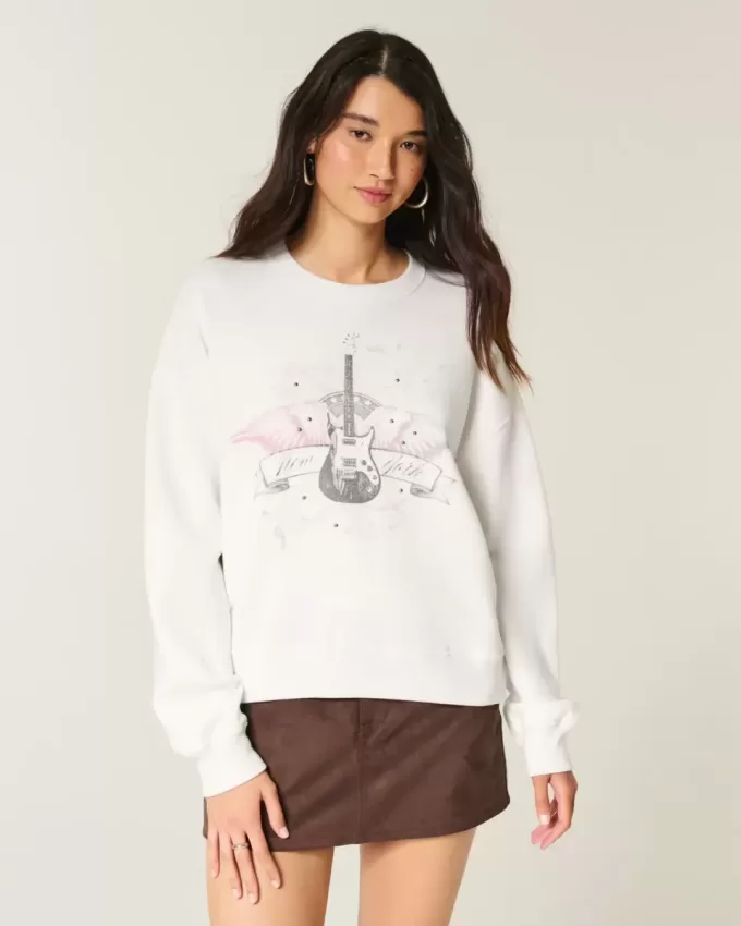 Sudadera con cuello redondo y gráfico tachonado de guitarra de Nueva York Sudadera con cuello redondo y gráfico tachonado de guitarra de Nueva York