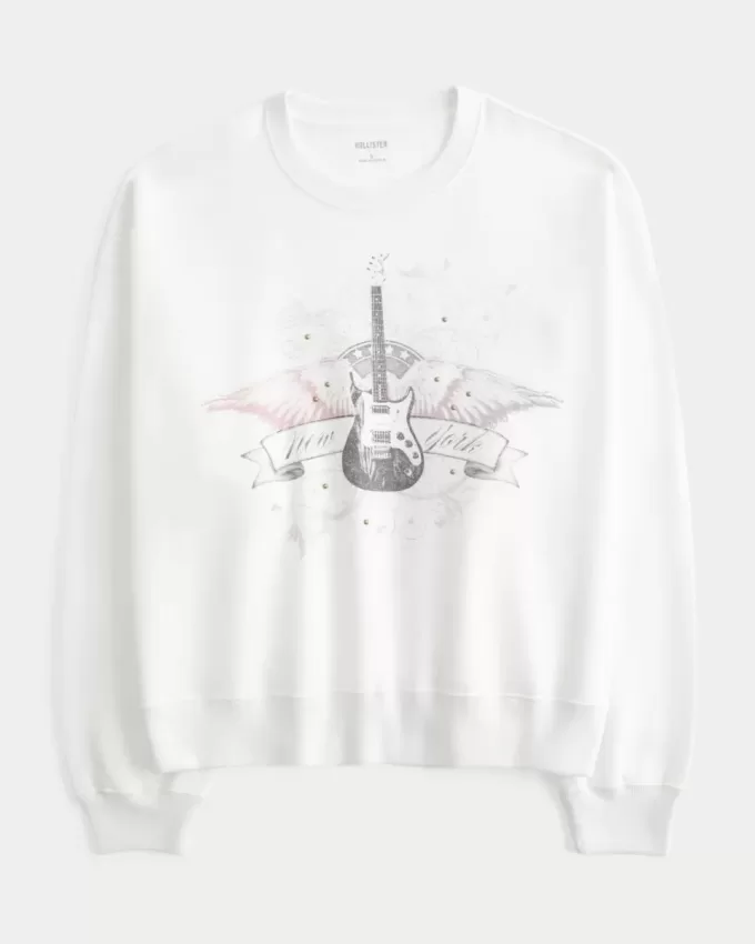 Sudadera con cuello redondo y gráfico tachonado de guitarra de Nueva York Sudadera con cuello redondo y gráfico tachonado de guitarra de Nueva York