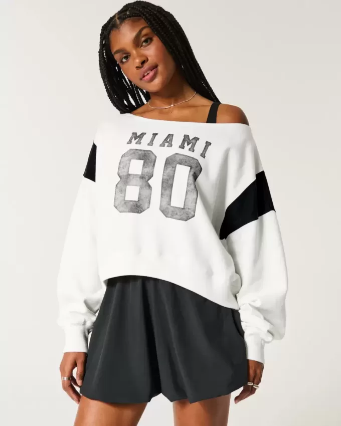 Sudadera con estampado gráfico de Miami y hombros descubiertos Sudadera con estampado gráfico de Miami y hombros descubiertos