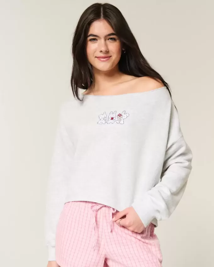 Sudadera con hombros descubiertos y doble gráfico fácil