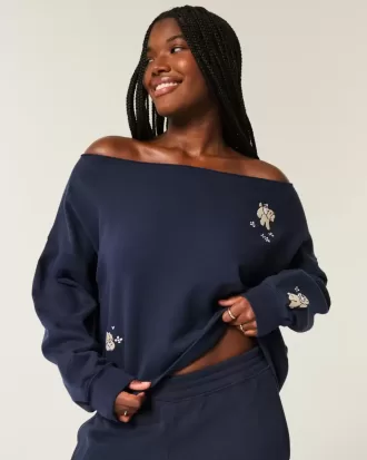 Sudadera con hombros descubiertos y doble gráfico fácil