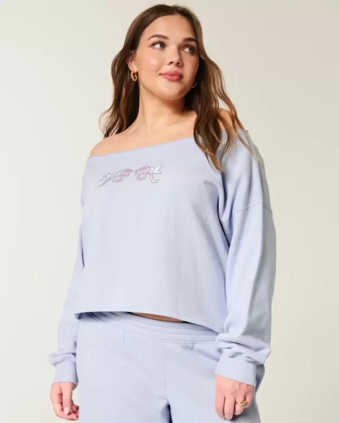 Sudadera con hombros descubiertos y doble gráfico fácil Sudadera con hombros descubiertos y doble gráfico fácil
