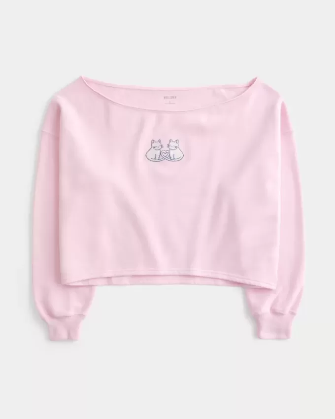 Sudadera con hombros descubiertos y doble gráfico fácil Sudadera con hombros descubiertos y doble gráfico fácil