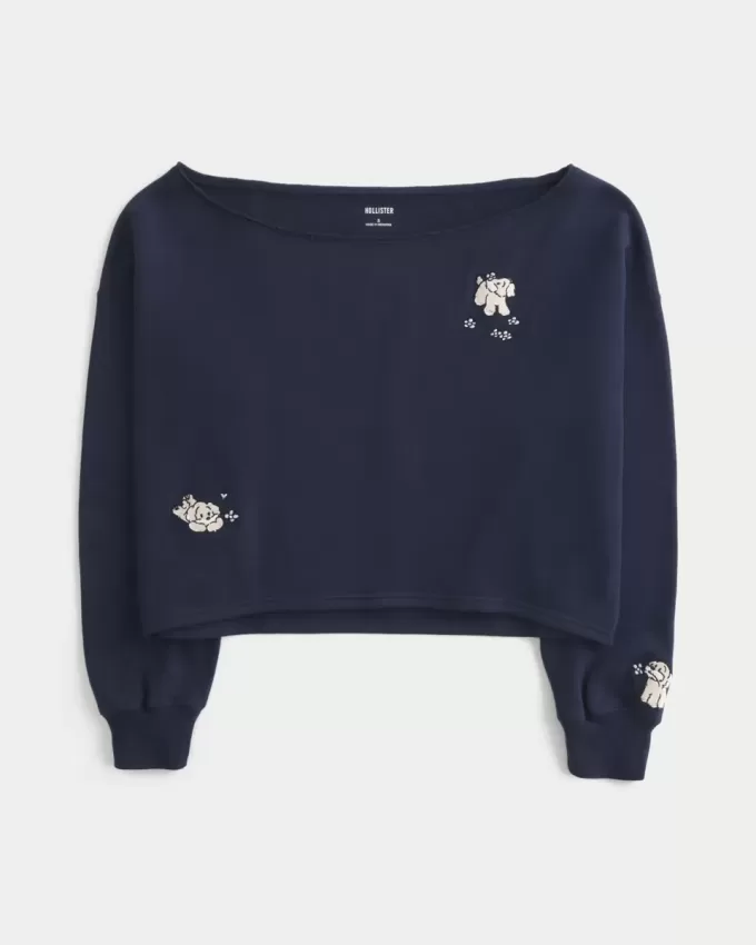 Sudadera con hombros descubiertos y doble gráfico fácil