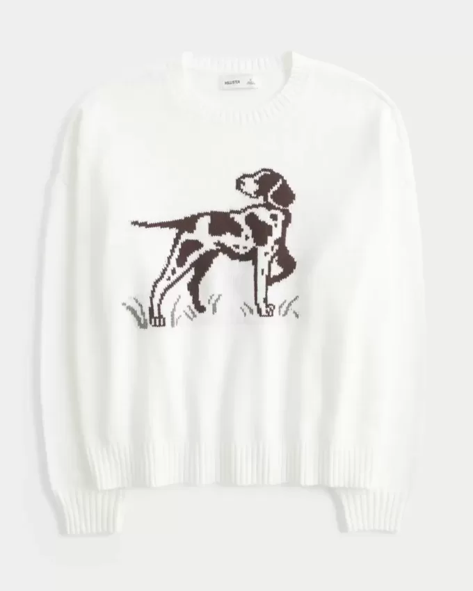 Suéter con cuello redondo y estampado de perro fácil de usar Suéter con cuello redondo y estampado de perro fácil de usar