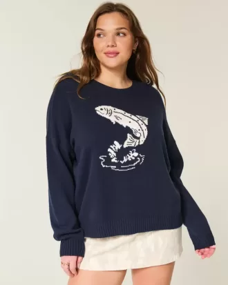 Suéter con cuello redondo y estampado de pez saltador fácil