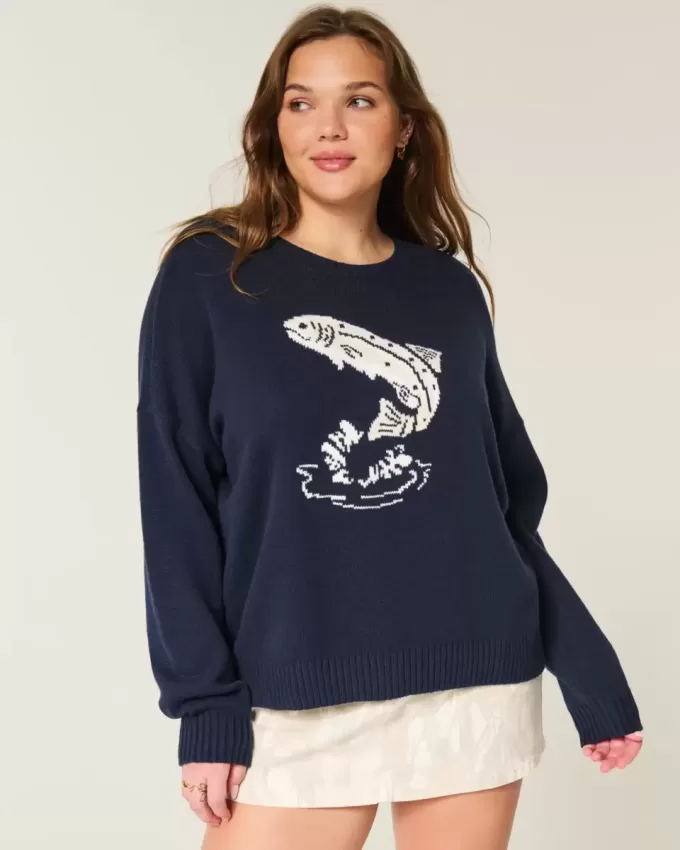 Suéter con cuello redondo y estampado de pez saltador fácil