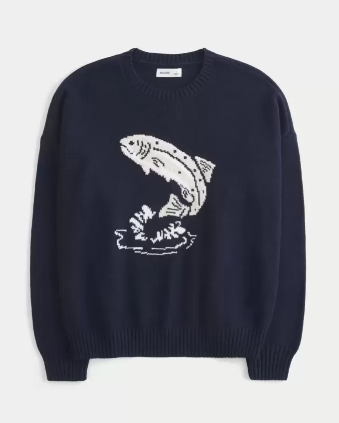 Suéter con cuello redondo y estampado de pez saltador fácil