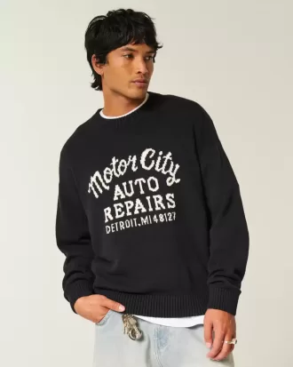 Suéter con cuello redondo y gráfico de reparaciones de automóviles de Motor City