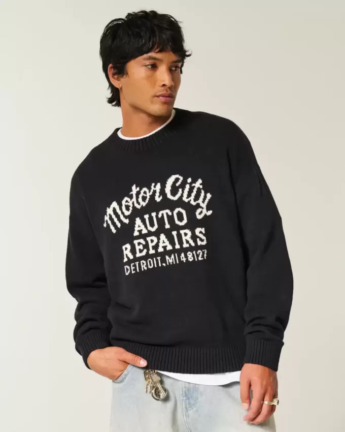 Suéter con cuello redondo y gráfico de reparaciones de automóviles de Motor City