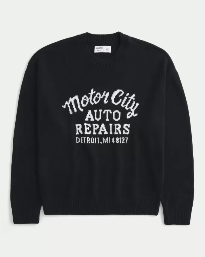 Suéter con cuello redondo y gráfico de reparaciones de automóviles de Motor City