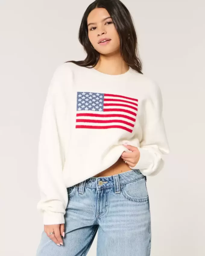 Suéter Hollister Comfy Cloud con estampado de bandera estadounidense Suéter Hollister Comfy Cloud con estampado de bandera estadounidense