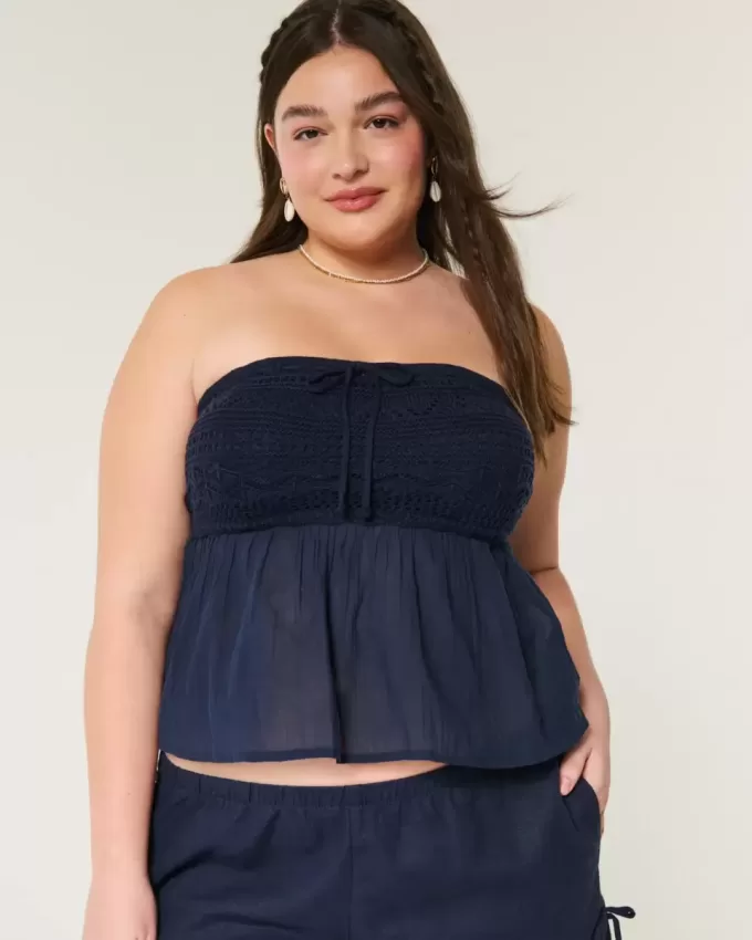 Blusa sin tirantes de mezcla de telas estilo crochet fácil